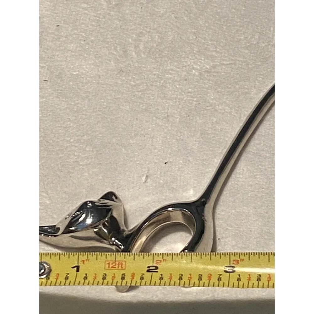 Silver Cat Ring Holder with Long Tail and Rhinestone Eyes MCM Figurine Vtg